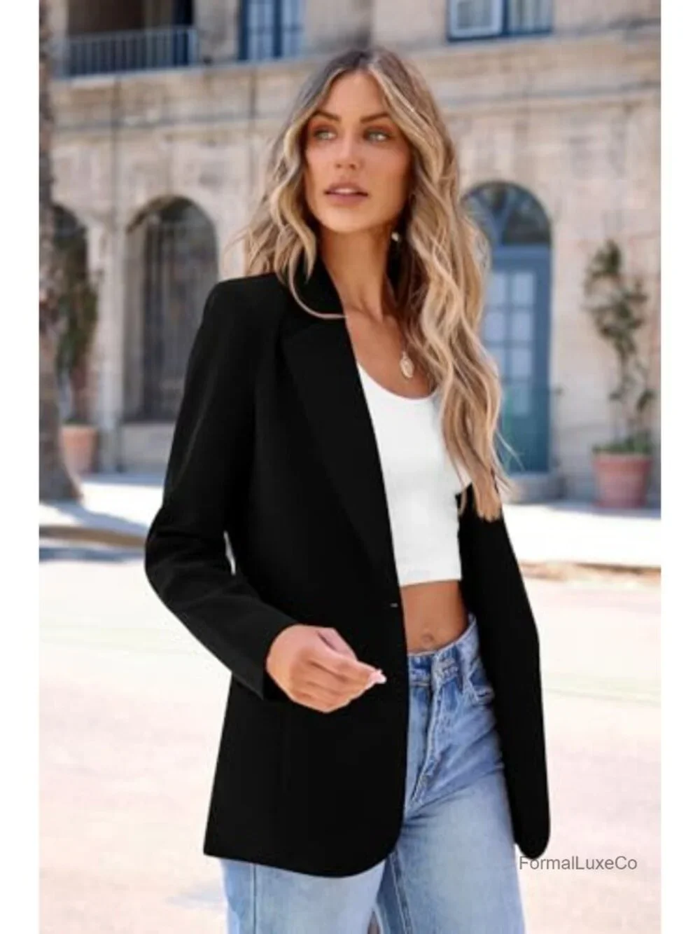 Women's Business Casual Blazer Notch Lapel Long Sleeve Padded Shoulders Work